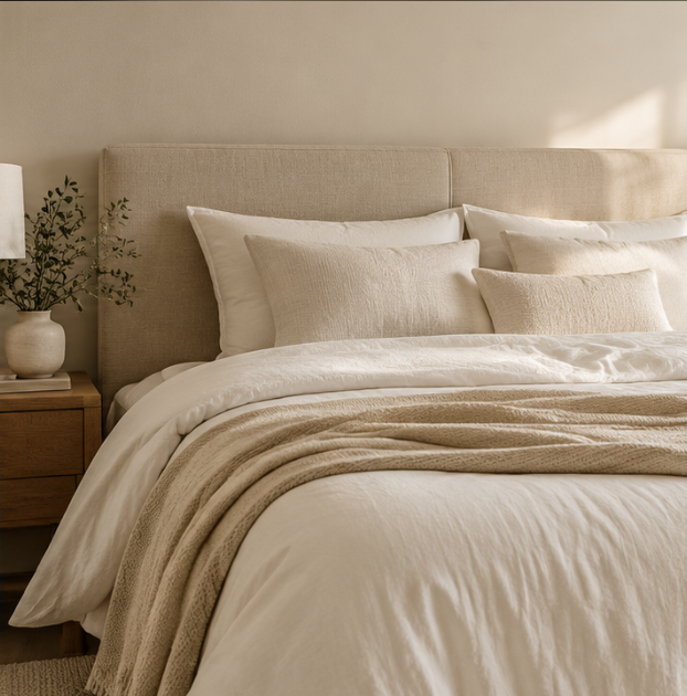 Bed with soft white bedding and pillows