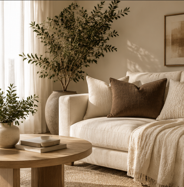 Cozy living room with a cream sofa and cushions