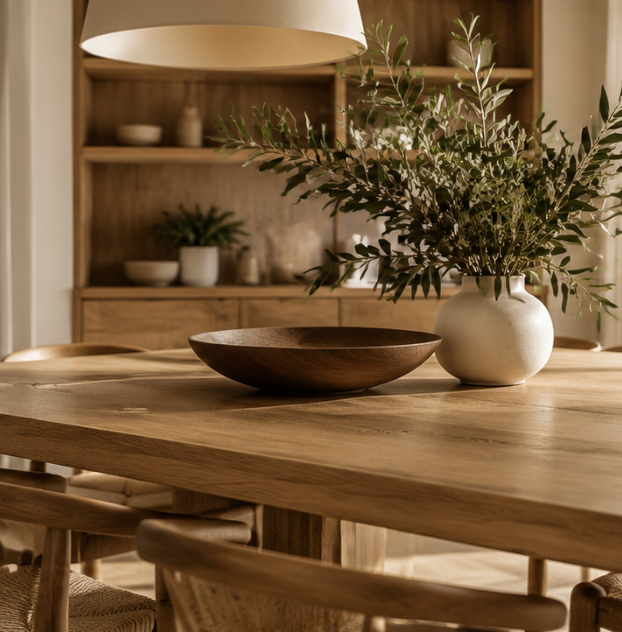 Wooden dining table with a vase in a warm kitchen