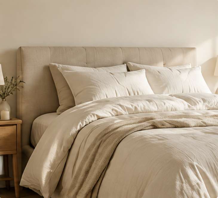 Bedroom with soft white bedding and cushions