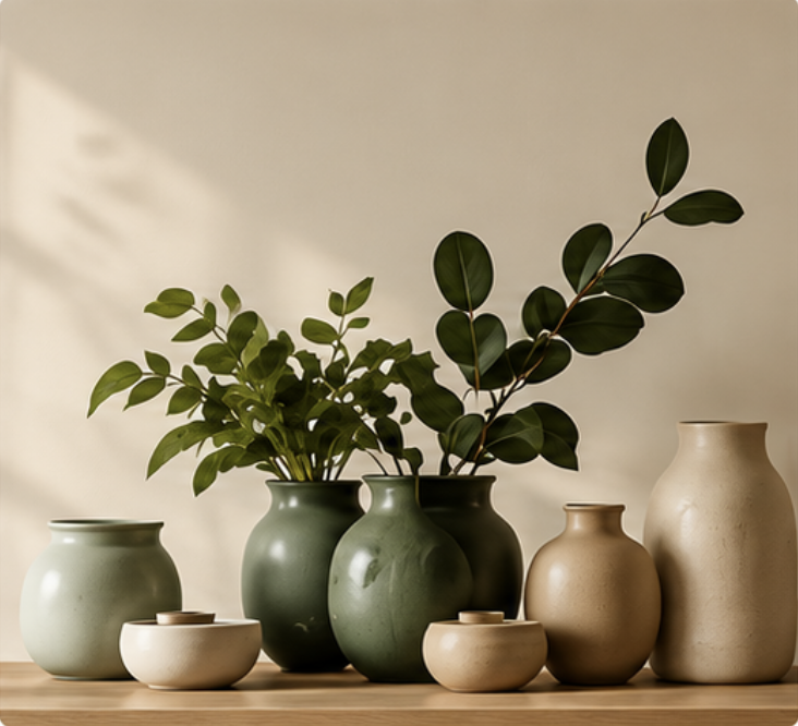 Shelf with green ceramic vases and a leafy plant