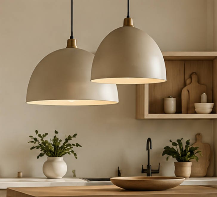 Kitchen and dining area with two pendant lamps and open shelving