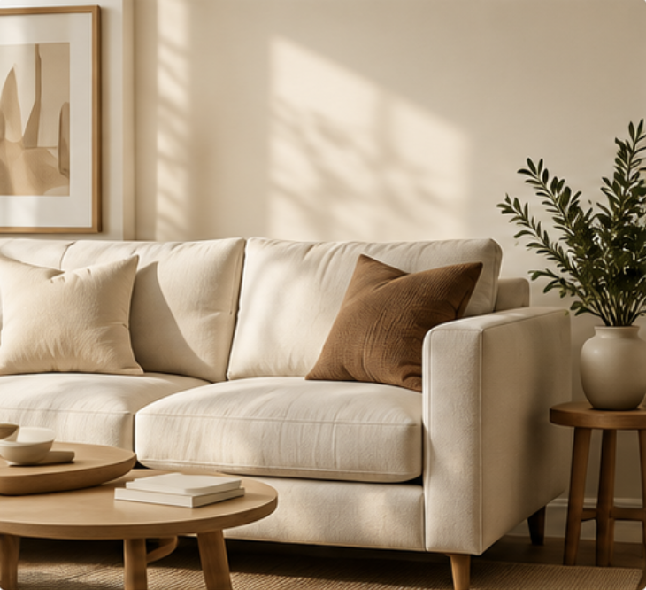 Living room with a cream sofa, cushions and a plant